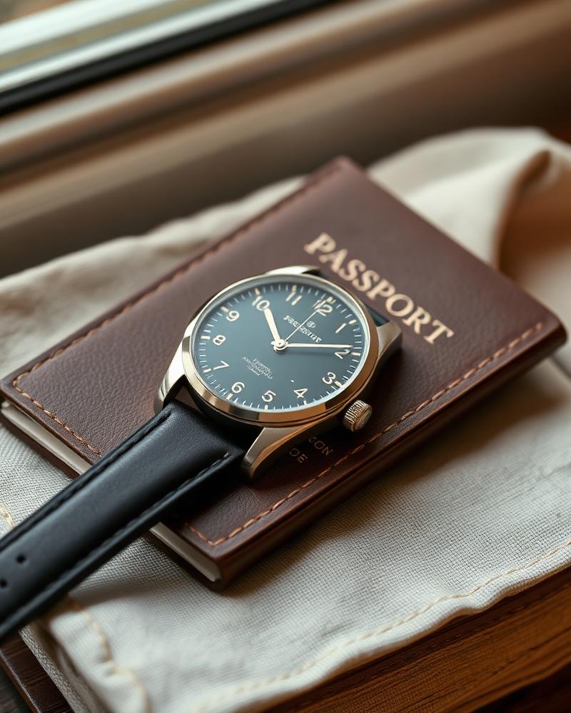 Mechanical watch resting on a leather passport