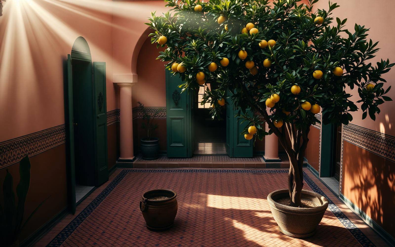 Cinematic editorial photograph from the medina of Marrakech