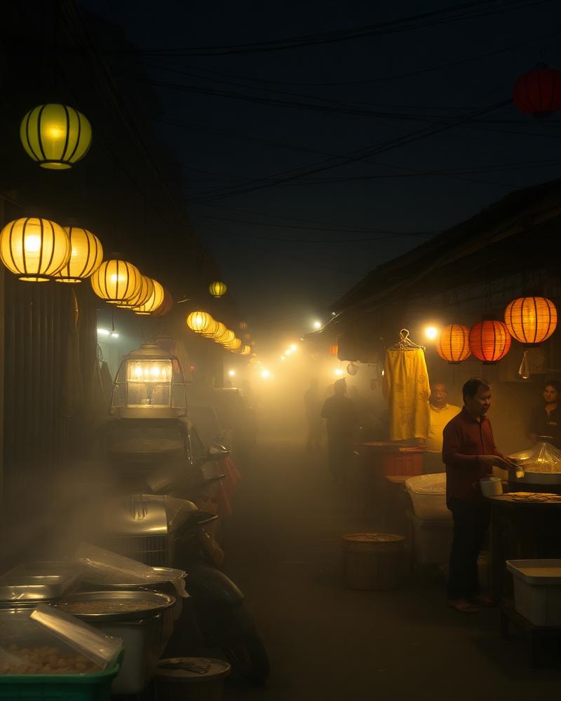 Misty early-morning street food market lit by lanterns