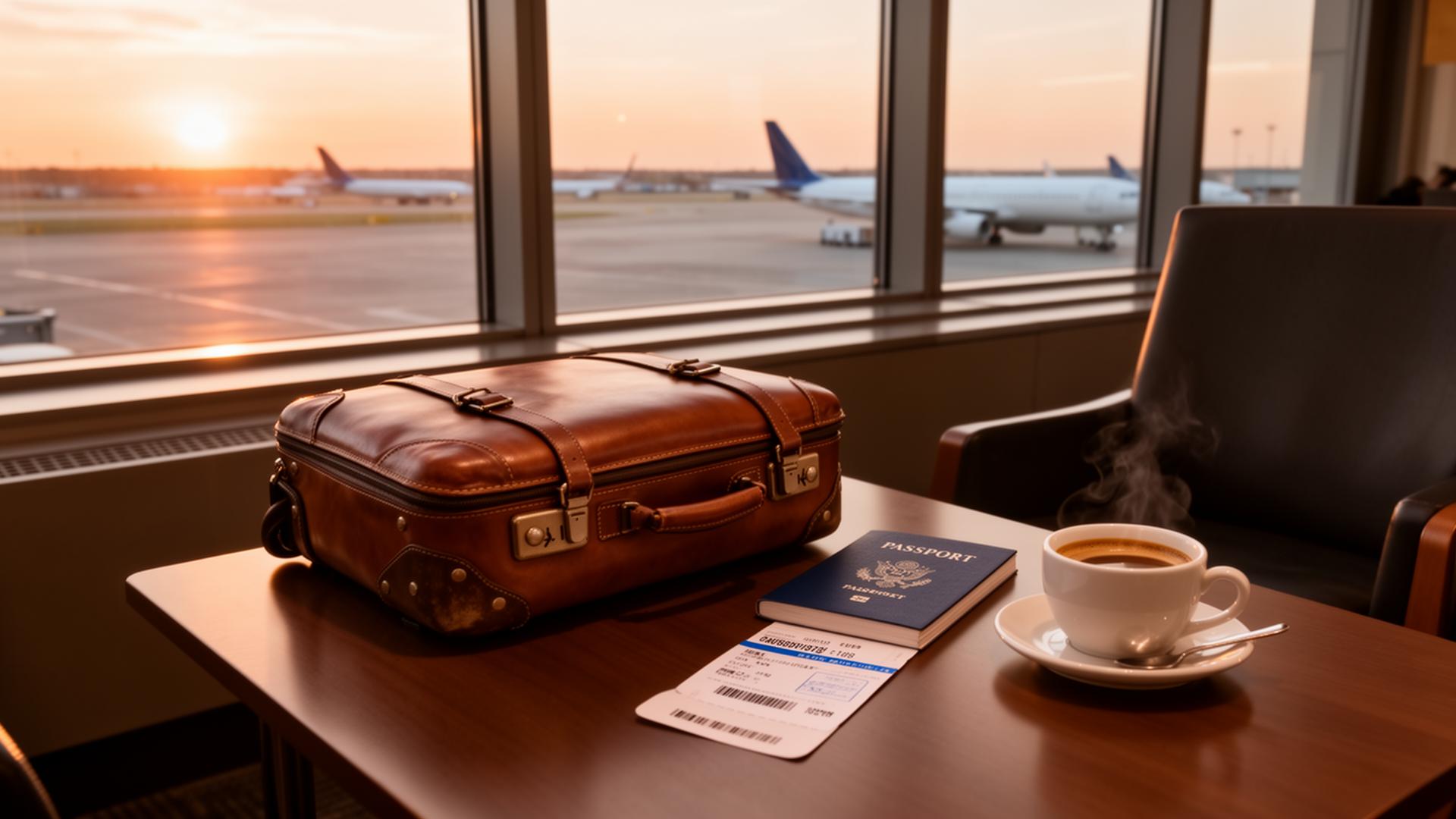 Leather carry-on, passport, coffee, and boarding pass in an airport lounge at sunrise