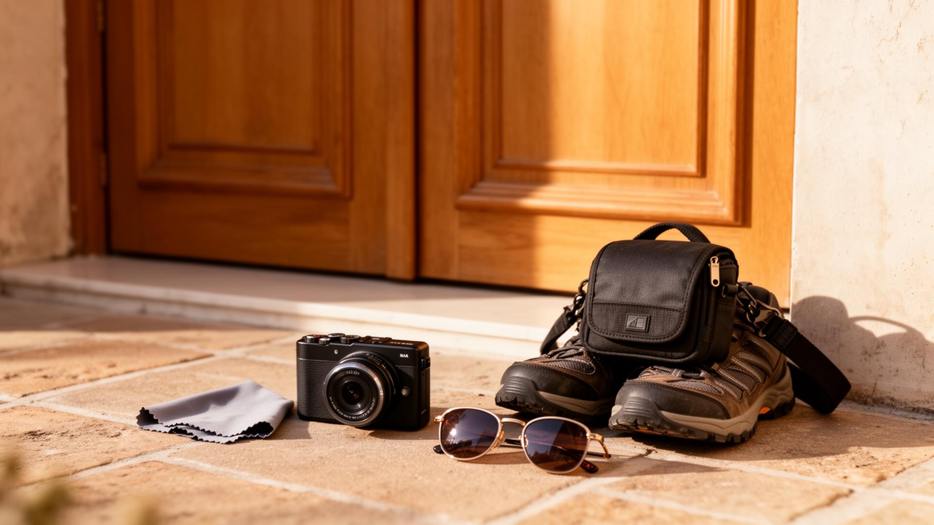 Compact camera, sling bag, walking shoes, lens cloth, and sunglasses by a sunlit apartment doorway