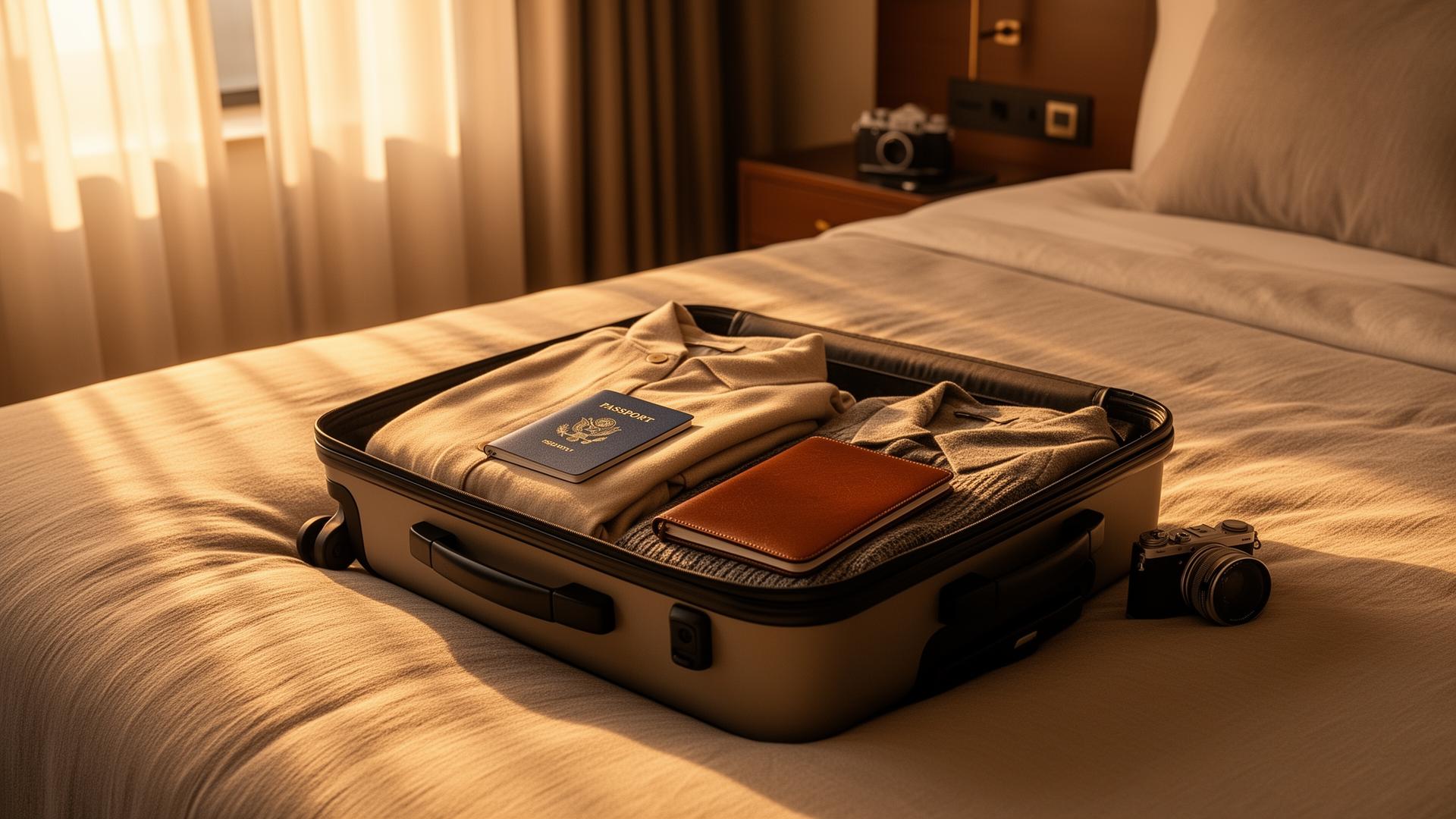 Open carry-on suitcase with folded neutral clothing, passport, notebook, and camera in warm hotel light