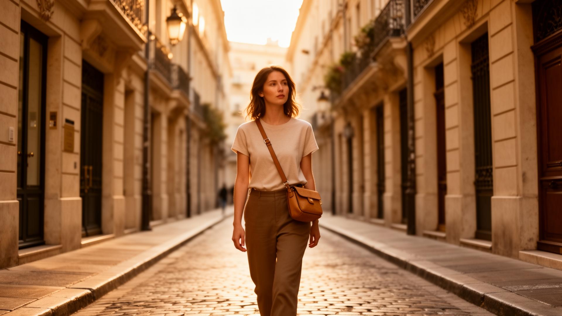 Traveler walking through a warm-toned European street with a small crossbody bag