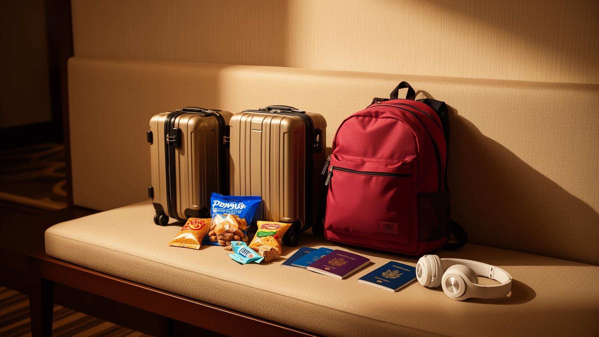 Two compact suitcases, child backpack, snacks, headphones, and passports on a warm hotel bench