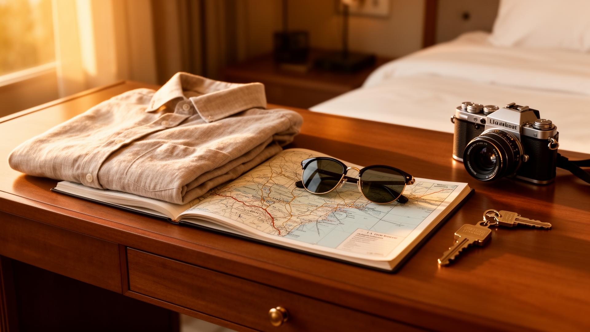 Boutique hotel desk with folded linen shirt, sunglasses, camera, keys, and open map in golden light