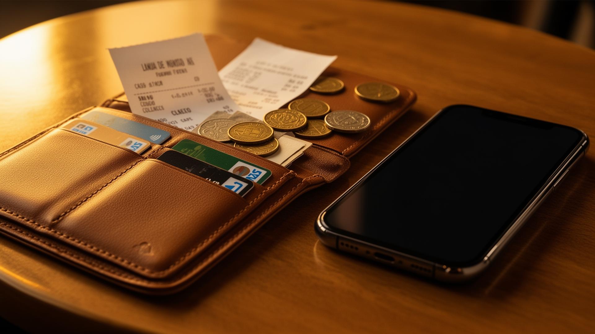 Travel wallet with cards, local coins, receipts, and a phone on a warm cafe table
