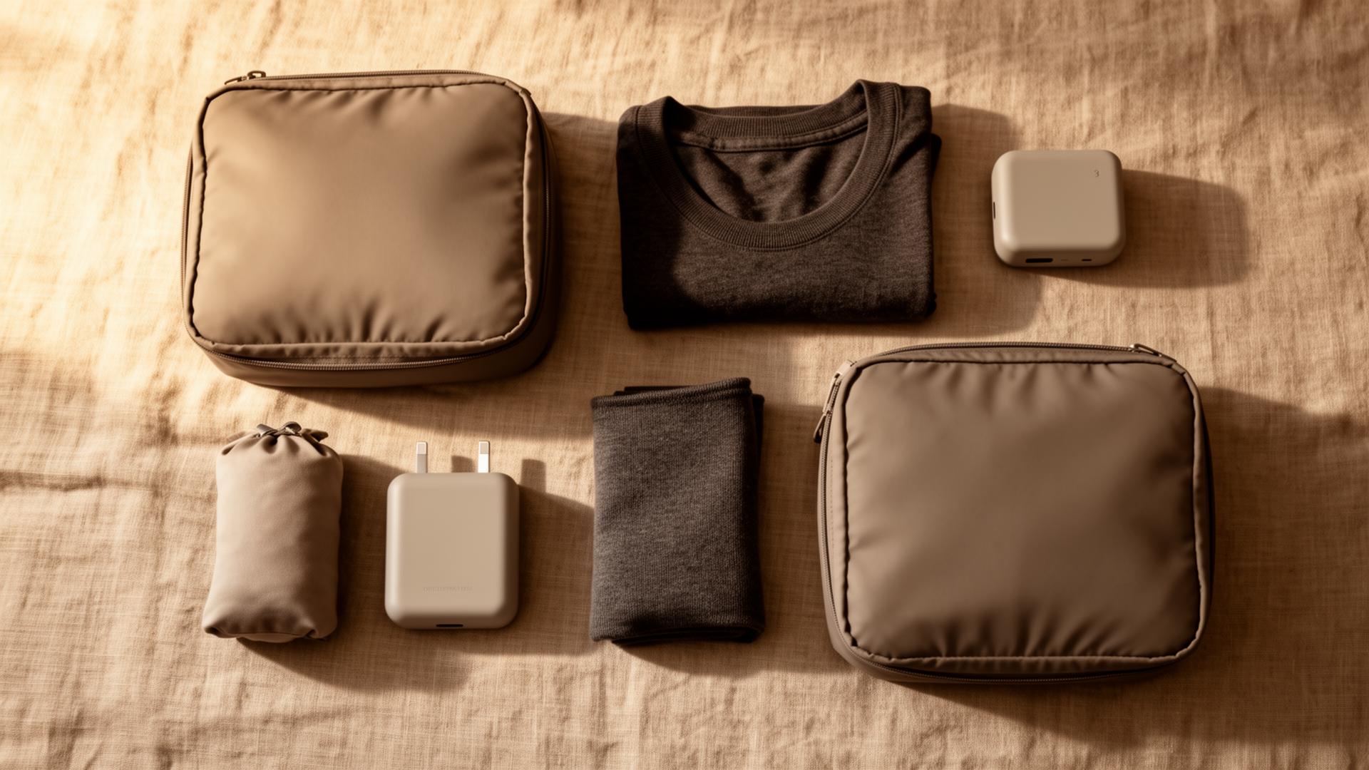 Minimal packing cubes, folded merino layers, and charger kit arranged on linen in warm light