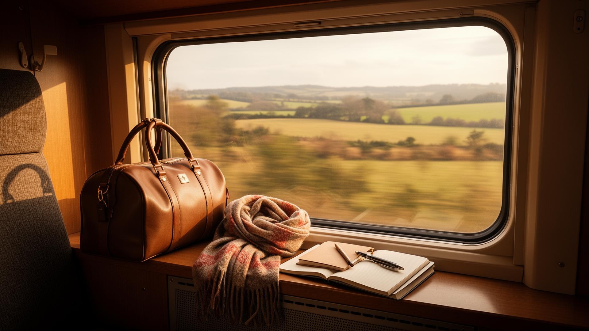 Leather weekender, scarf, and notebook beside a train window with countryside in warm motion