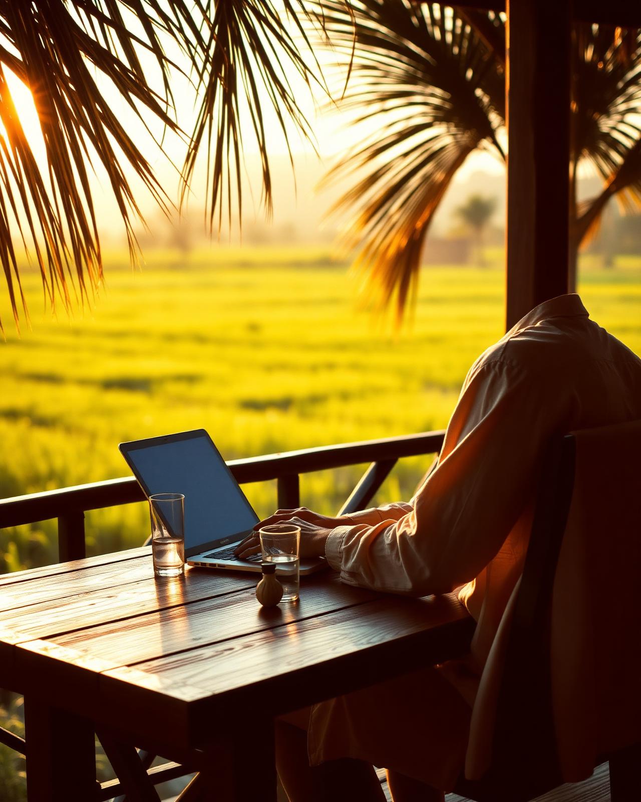 Working traveler at a wooden table on a rice-field terrace at golden hour with laptop and water