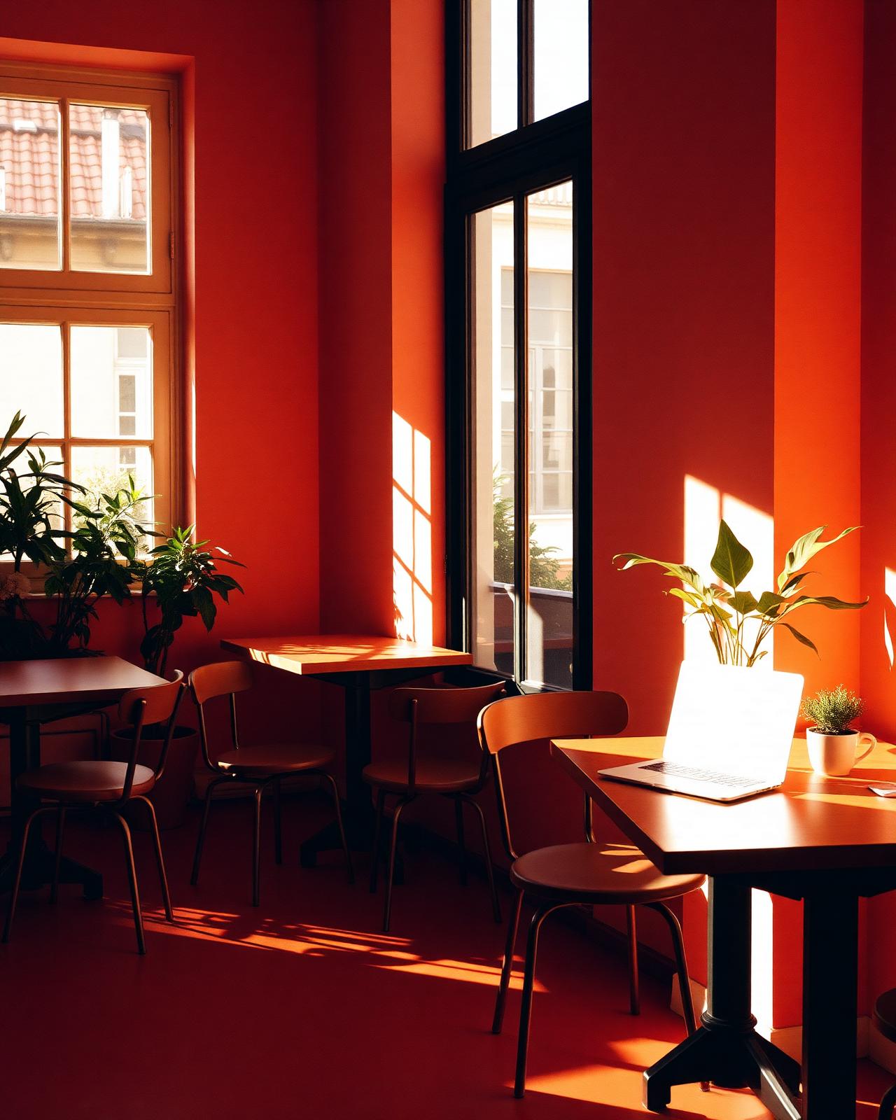 A quiet co-working room with terracotta walls, wooden desks, plants, and warm afternoon light