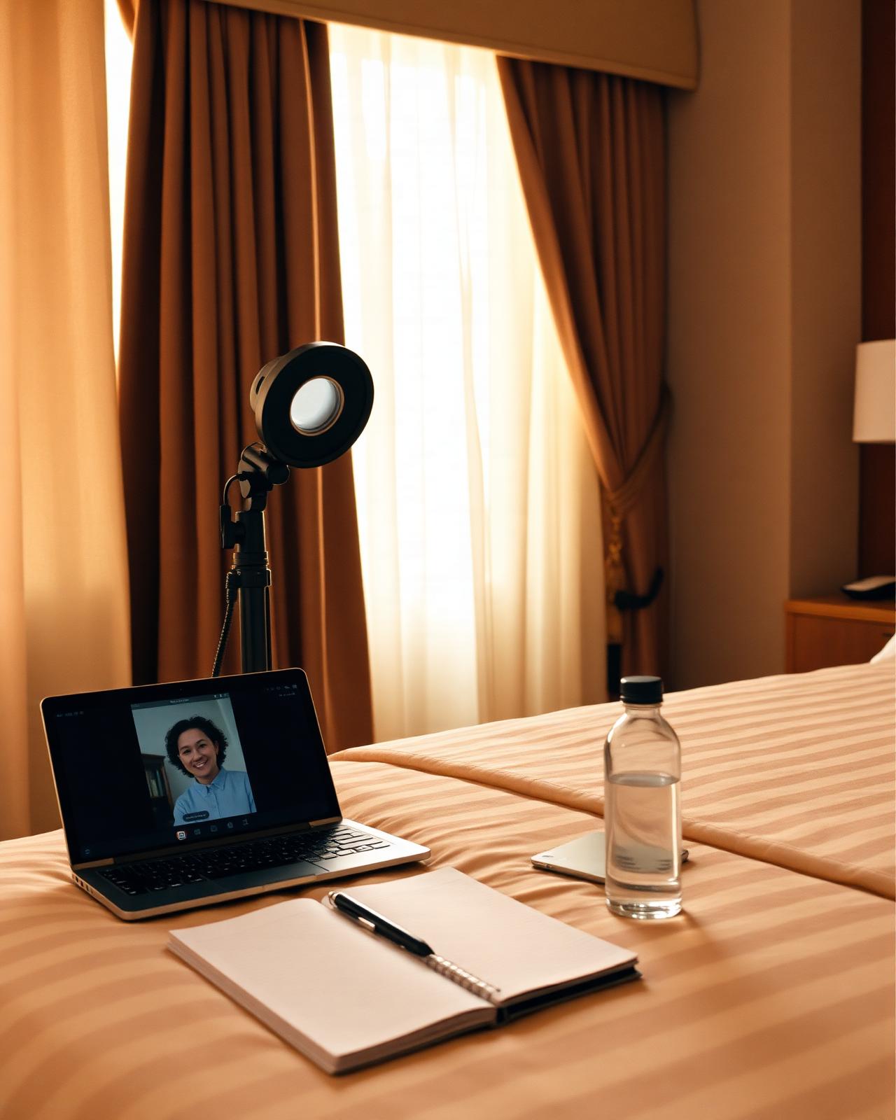 Laptop with a video call open on a hotel bed, soft lamp light and water bottle nearby