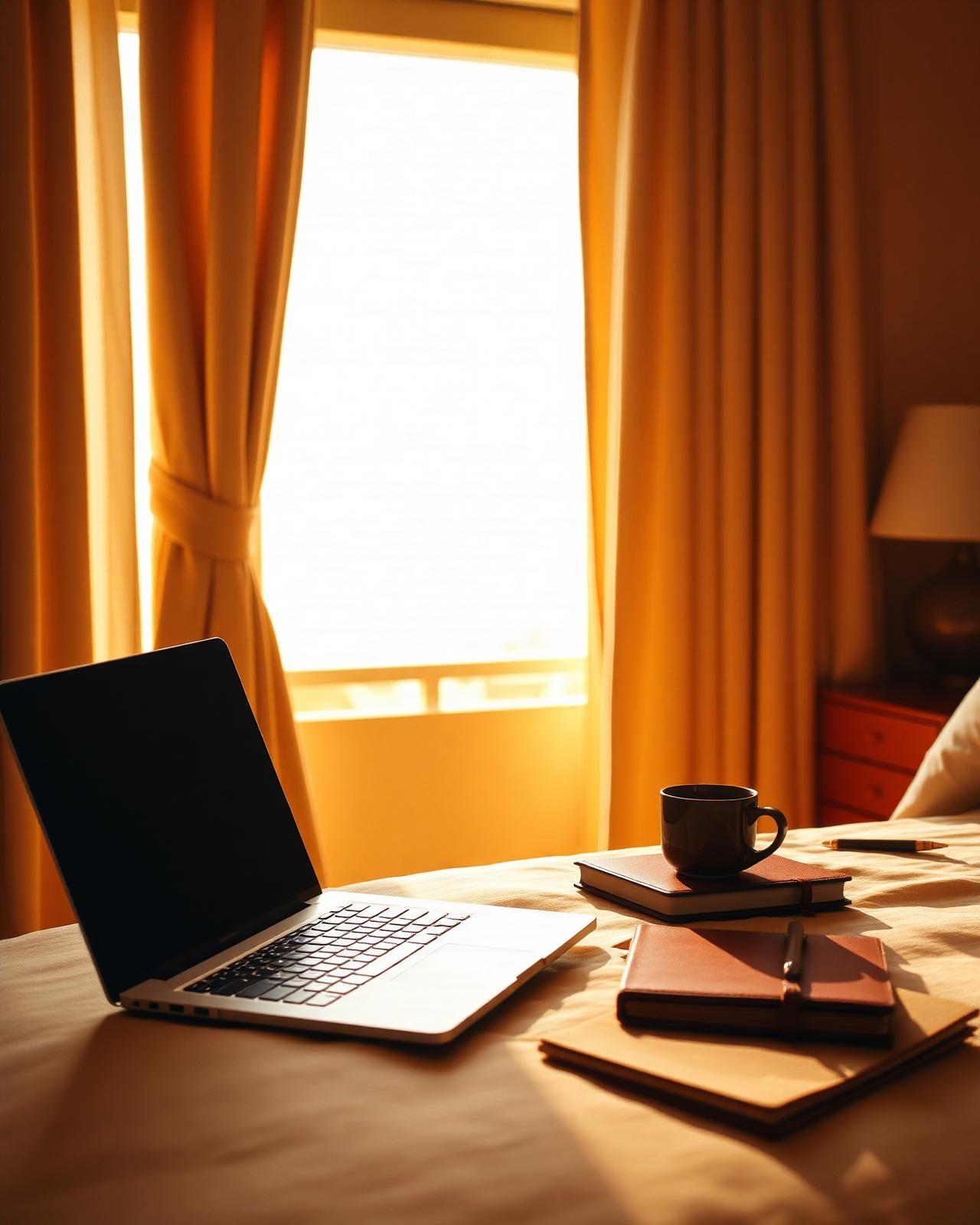 Laptop, leather notebook, and espresso on a hotel desk with soft golden light through linen curtains