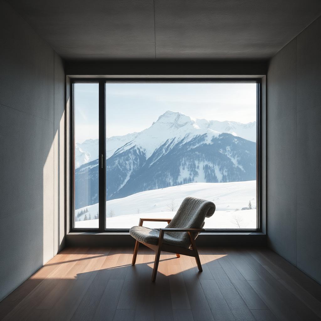 Concrete alpine cabin interior with a single wool chair facing a large window onto a snowy peak