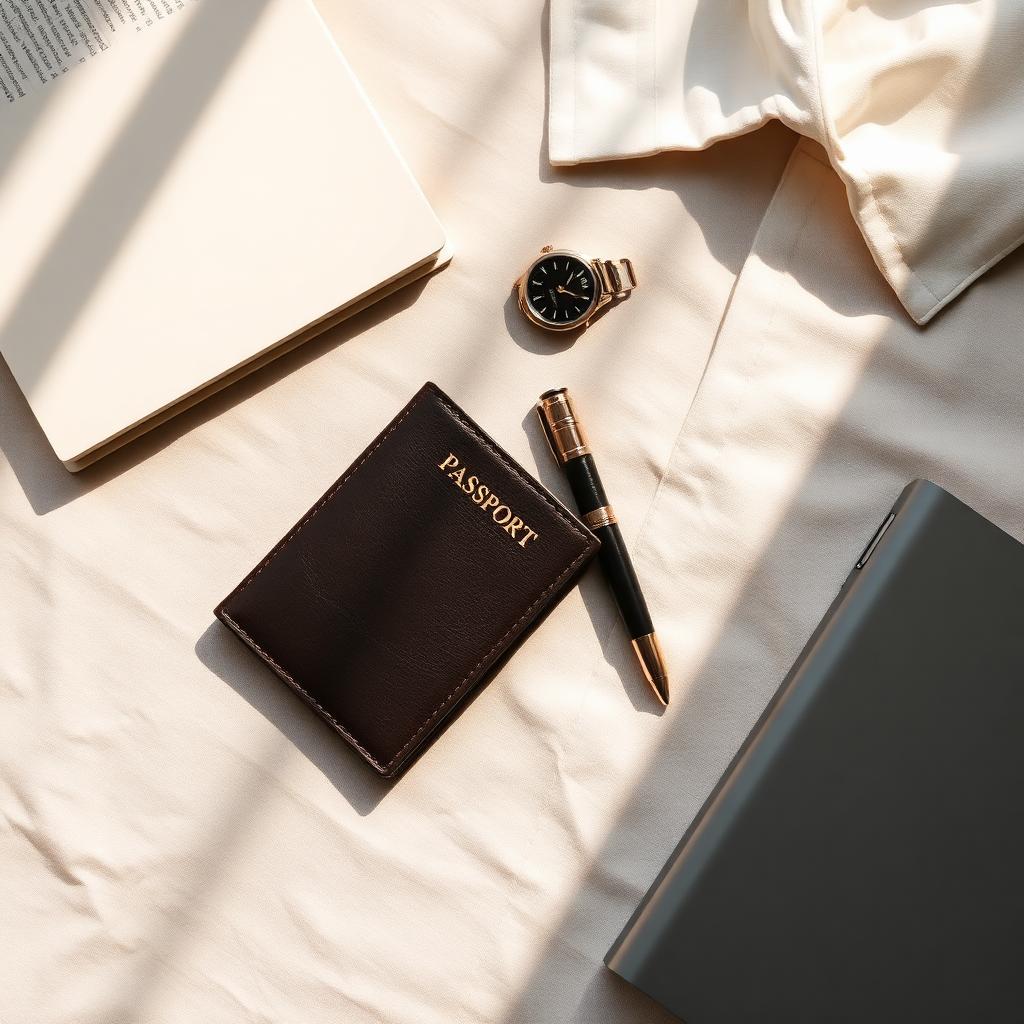 Flat lay of curated travel essentials on a linen surface: passport wallet, watch, pen, notebook, and folded shirt