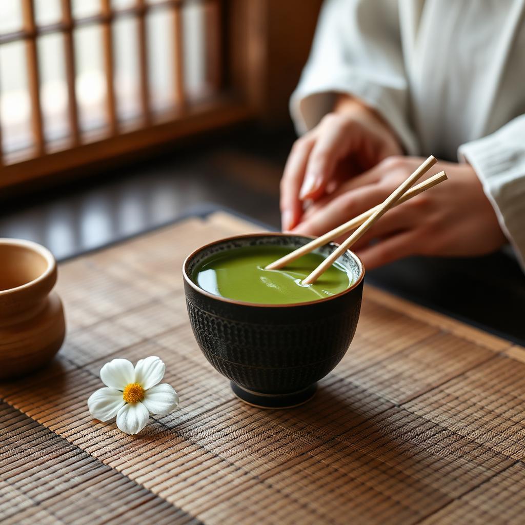 Close-up of a matcha tea bowl with a bamboo whisk and a single seasonal flower on a tatami mat