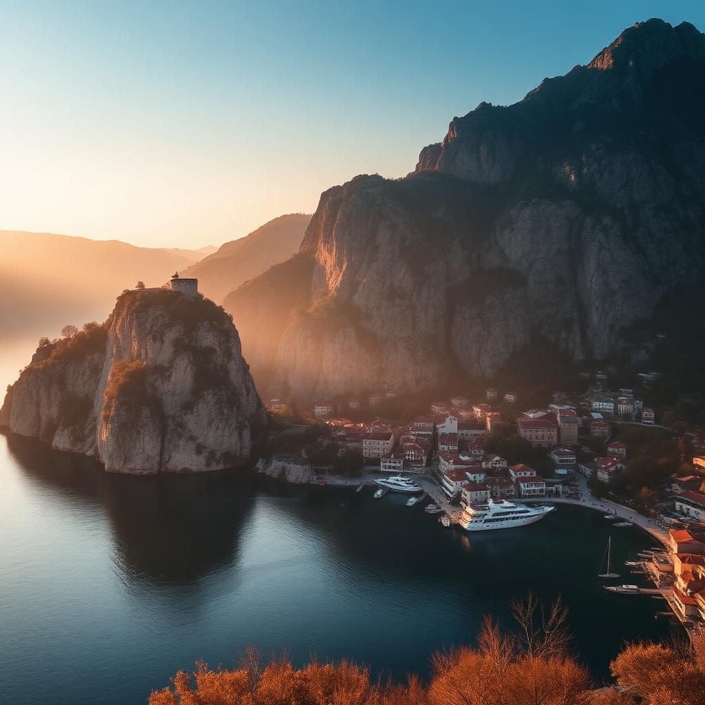 Aerial view of stone villages along the Bay of Kotor at dawn