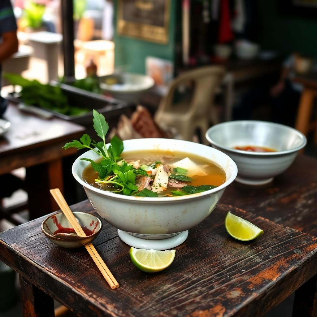 A steaming bowl of Vietnamese pho with fresh herbs and lime on a worn wooden table
