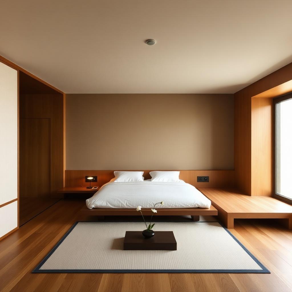 Minimalist Tokyo hotel room with shoji screens, low platform bed, and a single ikebana arrangement